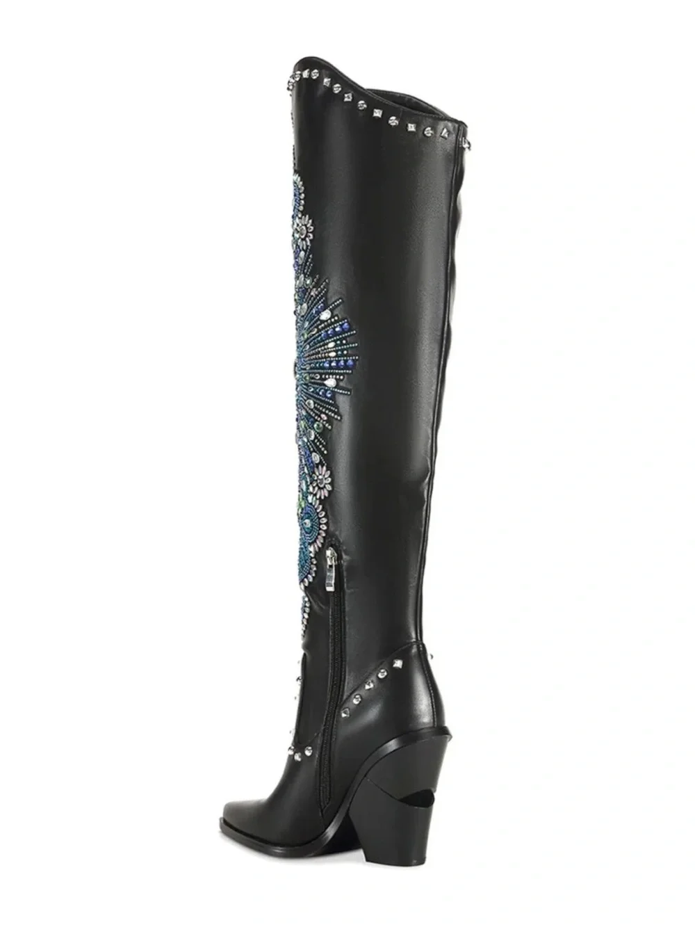 Azalea Wang Axelbeat Embellished Black Over-the-Knee Boot with Blue Accents 8.5